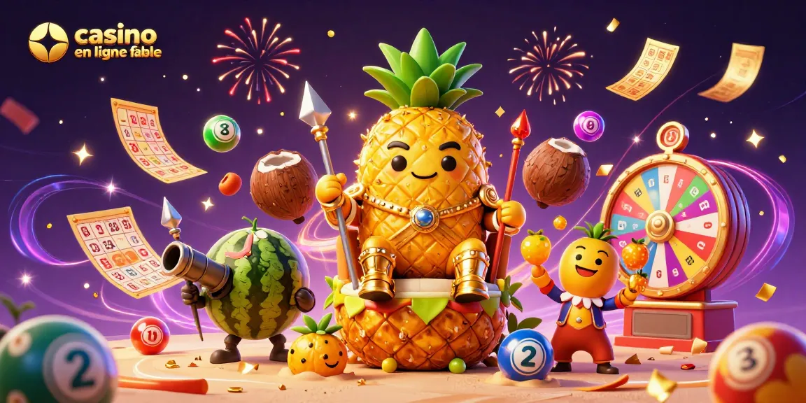 Jouez dans un casino en ligne fiable avec un roi en ananas doré et des effets de loterie multicolores.