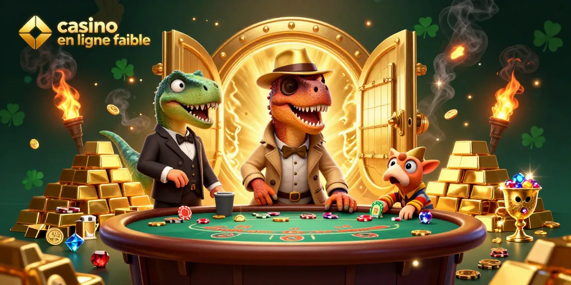 Une illustration 3D d'un velociraptor au casino en ligne fiable, avec un jeu de cartes et des pièces d'or.