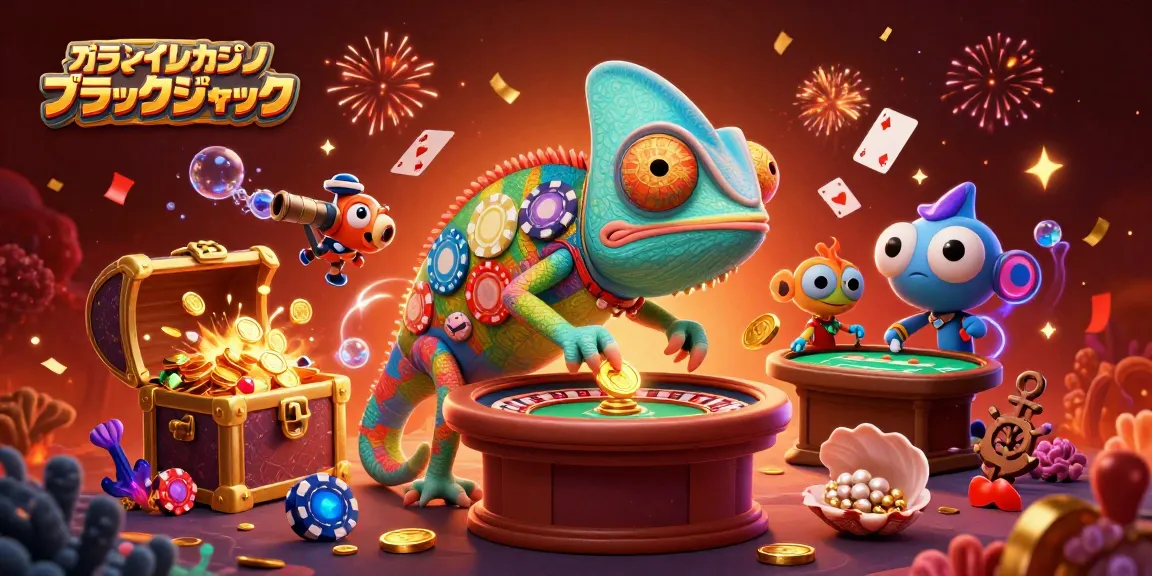 オンラインカジノ ブラックジャックを楽しんでいるカメレオンオーナーの楽しいイラスト。