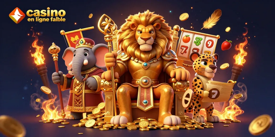 Découvrez un lion majestueux sur un trône de pièces d'or représentant un casino en ligne fiable, entouré de symboles de jackpot.
