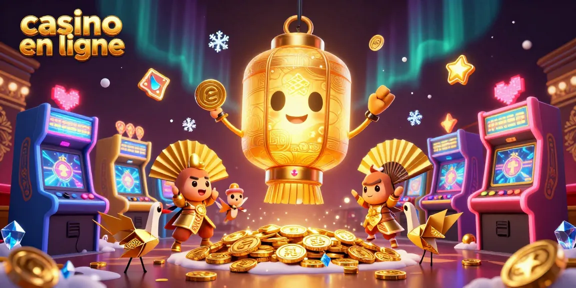 Dans ce casino en ligne, une lanterne géante anime la scène avec des guerriers en éventail, entourés de jeux colorés.