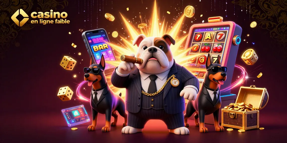 Découvrez un casino en ligne fiable avec un bulldog mafieux entouré de symboles de jackpot.